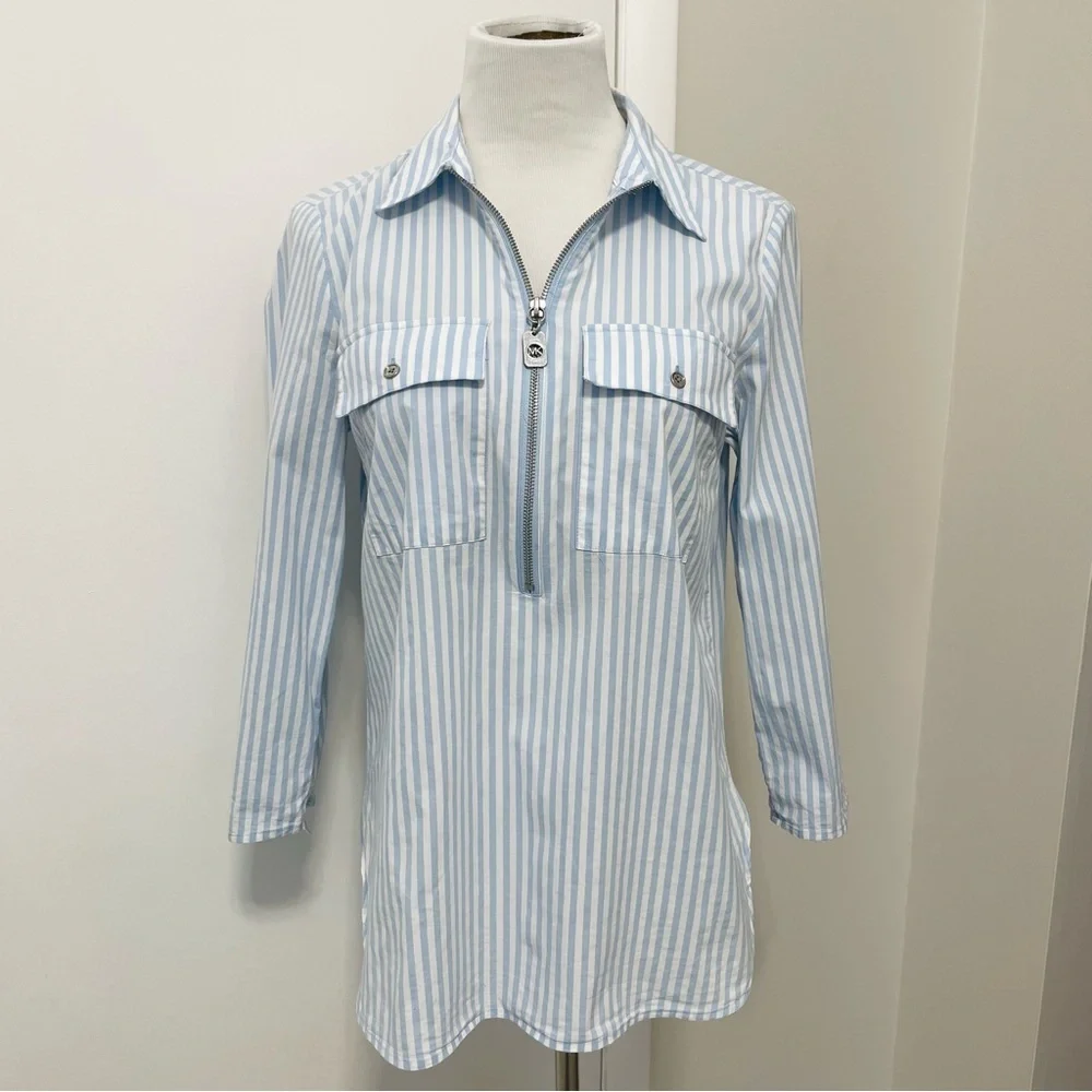 Michael Kors Light Blue and White Striped Half Zip-Up Tunic Blouse Size M